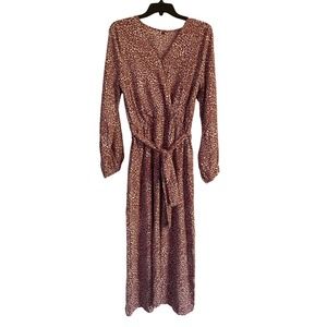 Women's Size XL Fall Dress Brown White Long Sleeve Belt Pull Over Long Elastic